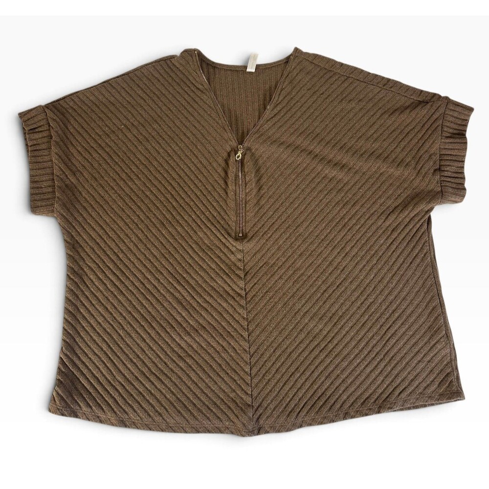 PerSeption Women Short Sleeve Ribbed Zip Front Blouse Top 3XL